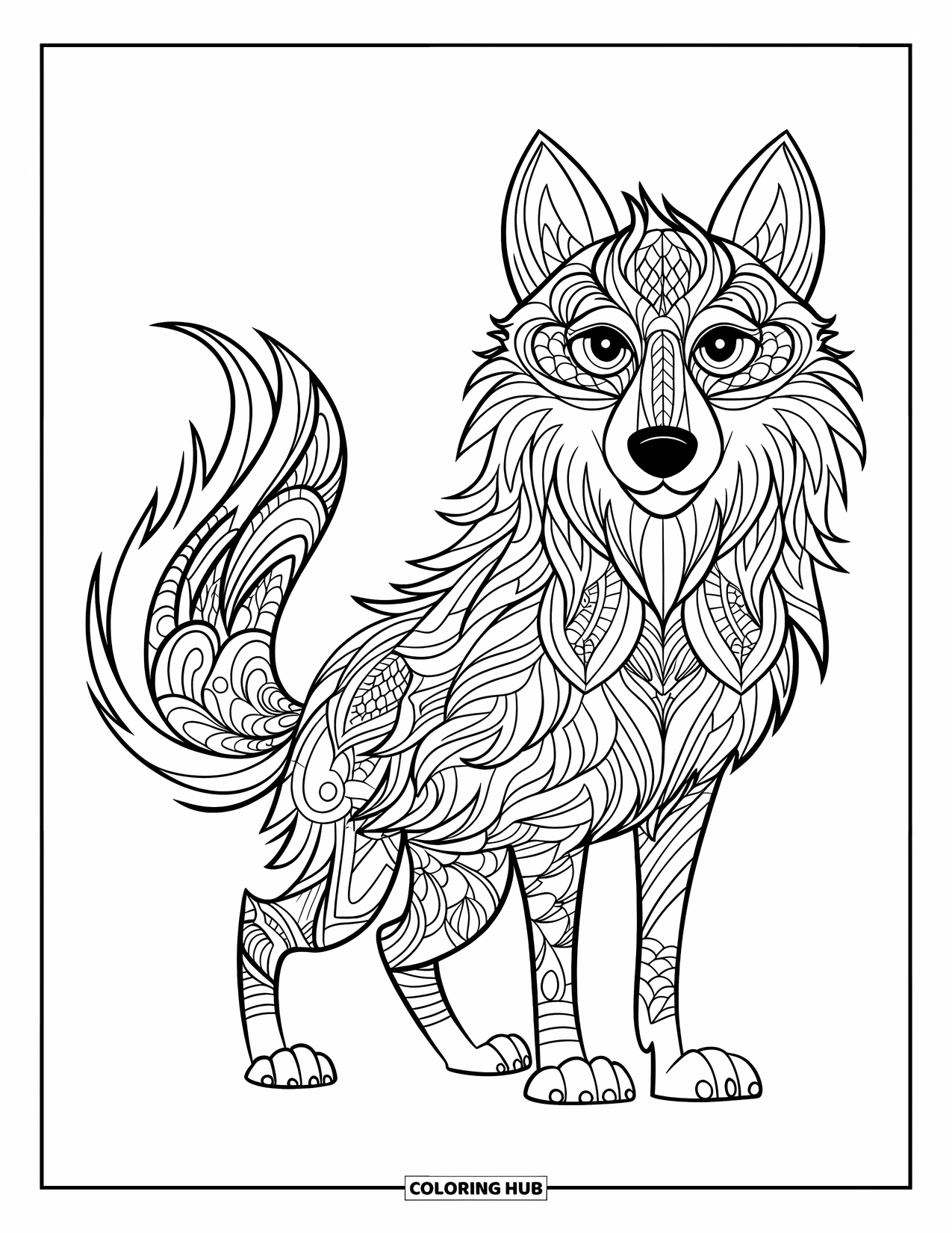 Zentangle Coloring Page for Kids: A serious wolf with patterned fur stands strong against a simple backdrop