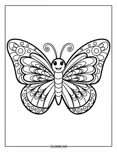 Zentangle-fargeleggingsark for barn: En smilende sommerfugl viser frem zentangle-vingene sine mot en hvit bakgrunn