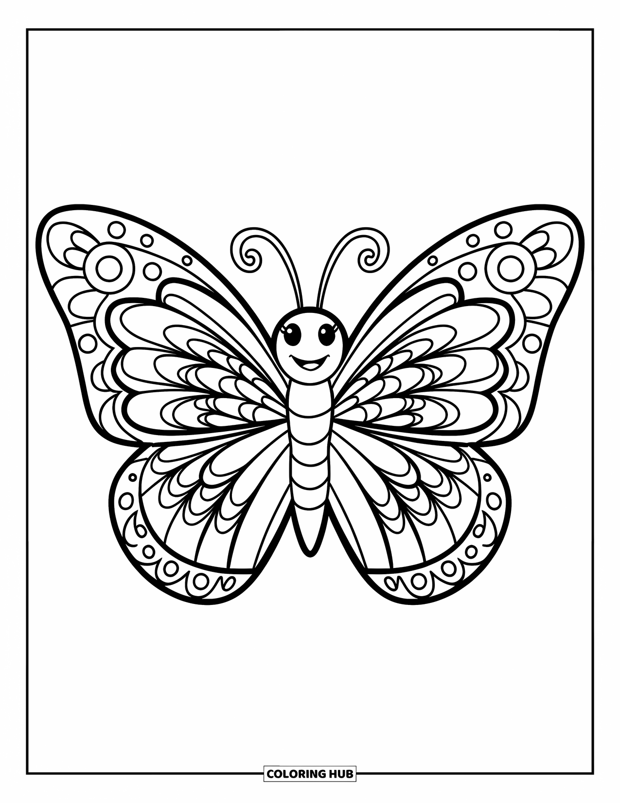 Zentangle Coloring Page for Kids: A smiling butterfly shows off its zentangle wings in a clear white space