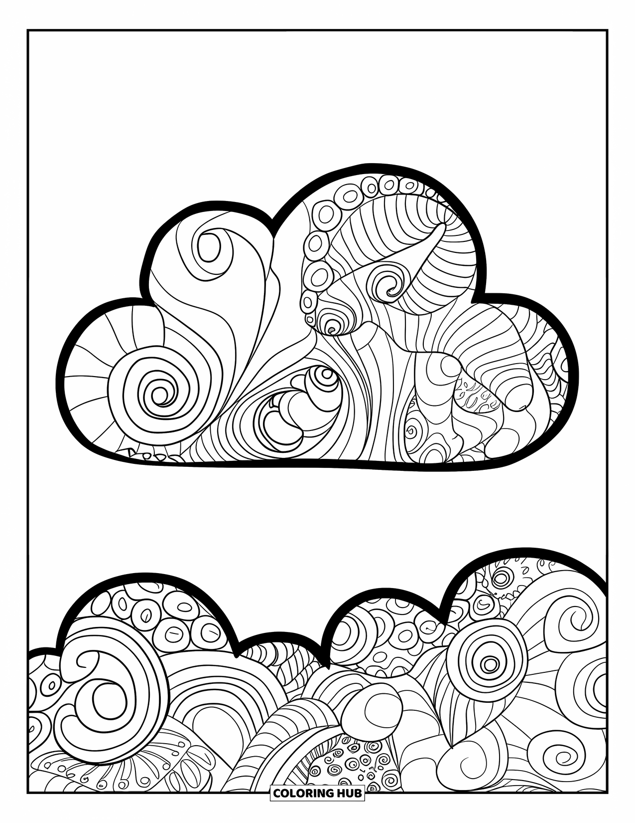 Zentangle Coloring Page for Kids: A smiling cloud filled with spirals floats in a bright and cheerful space
