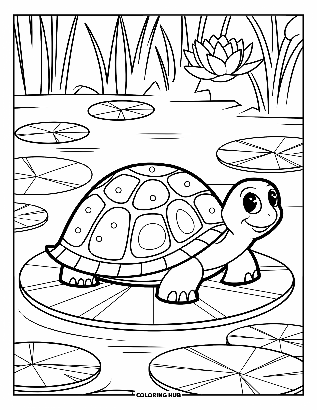 Zentangle Coloring Page for Kids: A smiling turtle sits on a lily pad with flowers and more turtles nearby