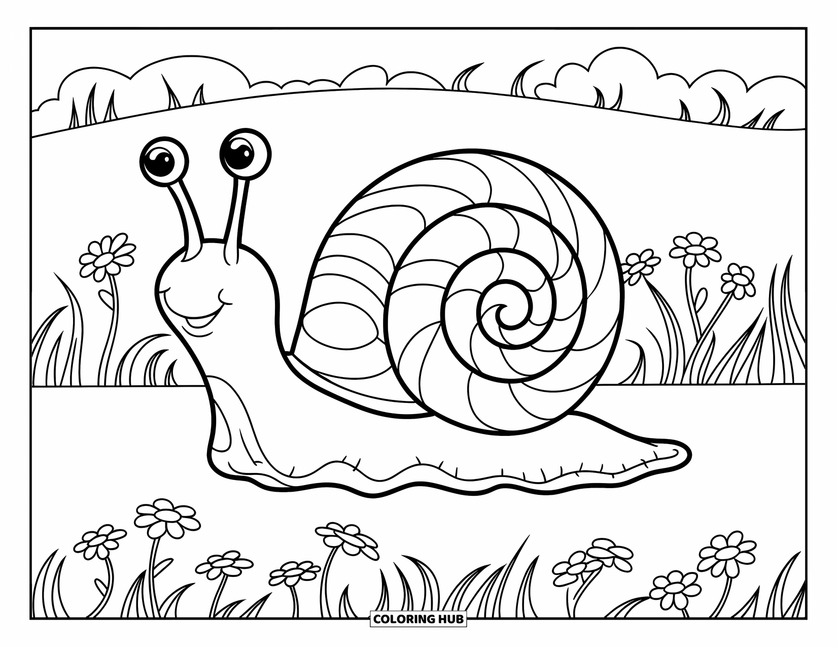 Zentangle Coloring Page for Kids: A snail with a swirly shell crawls happily through a field of flowers