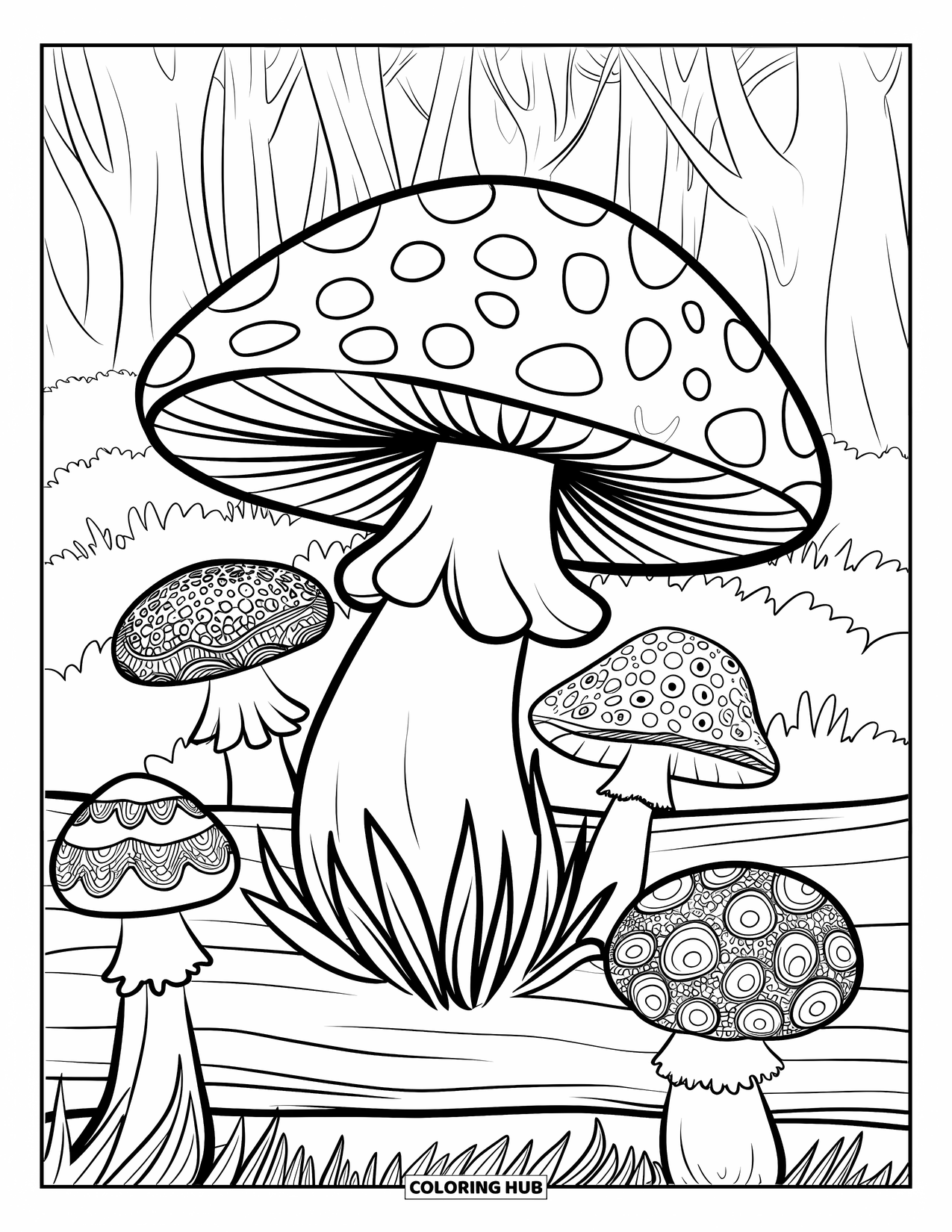 Zentangle Coloring Page for Kids: A soft mushroom grows from a log, with more dotted mushrooms all around