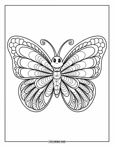 Zentangle-fargeleggingsark for barn: En vakker sommerfugl med mønstrede vinger flakser i gledelig enkelhet