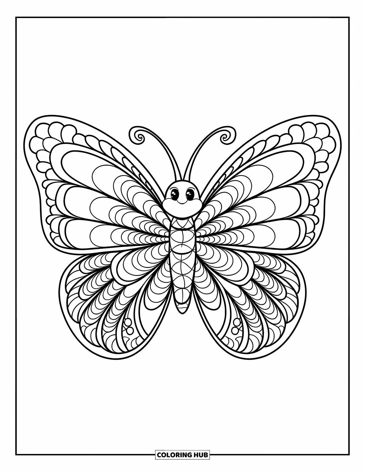 Zentangle Coloring Page for Kids: A sweet butterfly with patterned wings flutters in cheerful simplicity