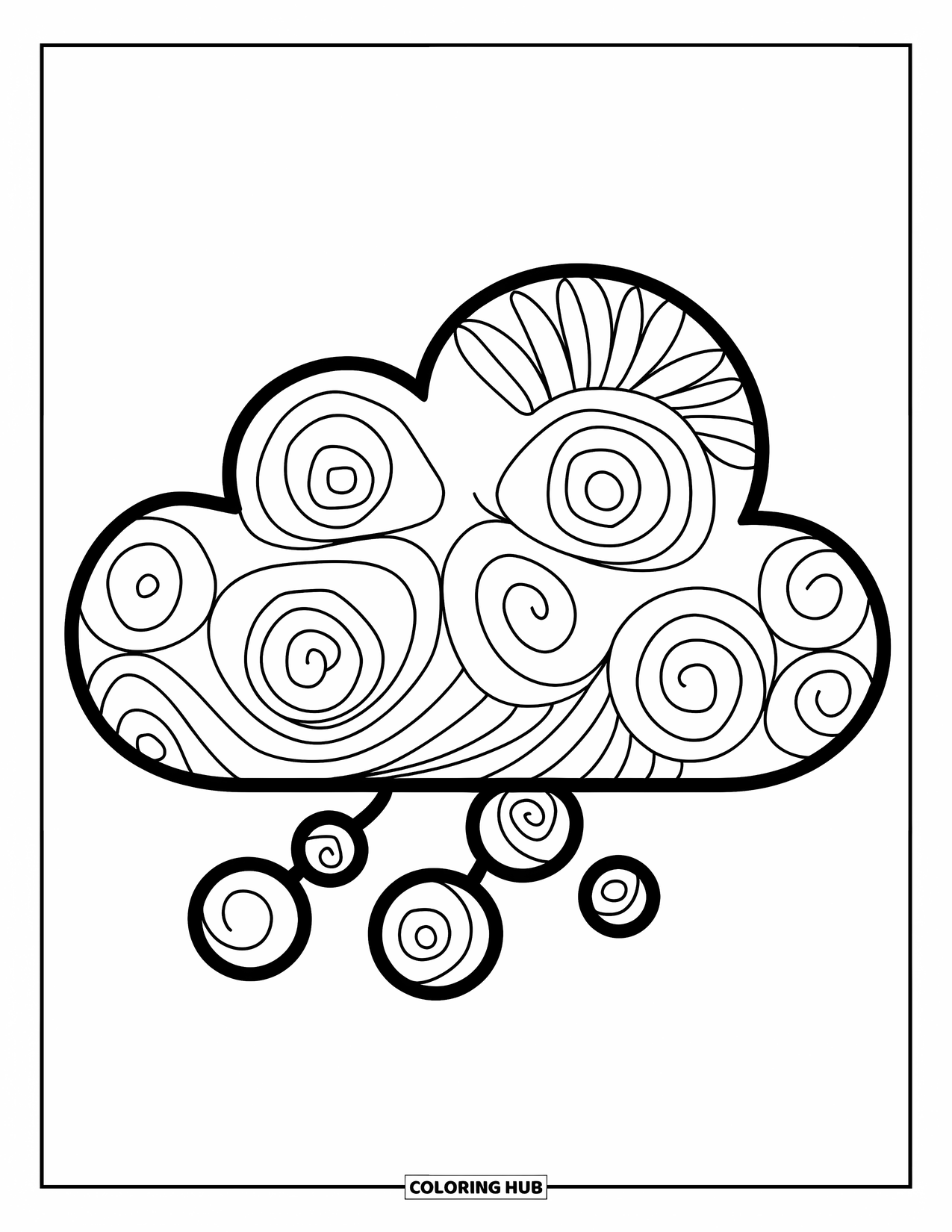Zentangle Coloring Page for Kids: A swirly cloud with a big grin floats cheerfully in open space