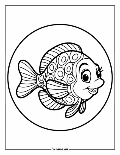 Zentangle-fargeleggingsark for barn: En snirklende fisk hviler i en sirkel med et vennlig, enkelt uttrykk