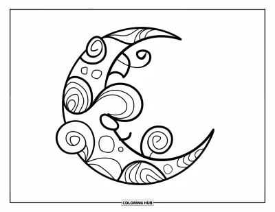 Zentangle-fargeleggingsark for barn: En snirklende zentangle-måne flyter rolig på en lys hvit himmel