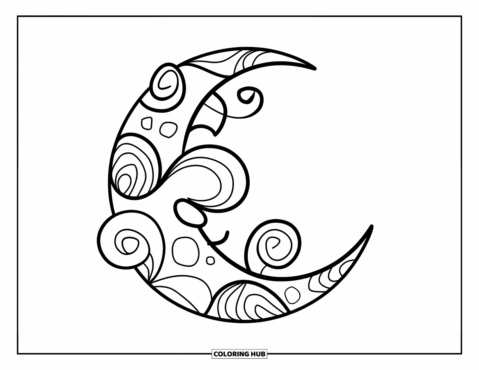 Zentangle Coloring Page for Kids: A swirly zentangle moon floats calmly in a cheerful white sky