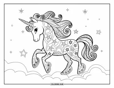 Zentangle-fargeleggingsark for barn: En enhjørning med stjernefylt manke står stolt på en fluffig sky