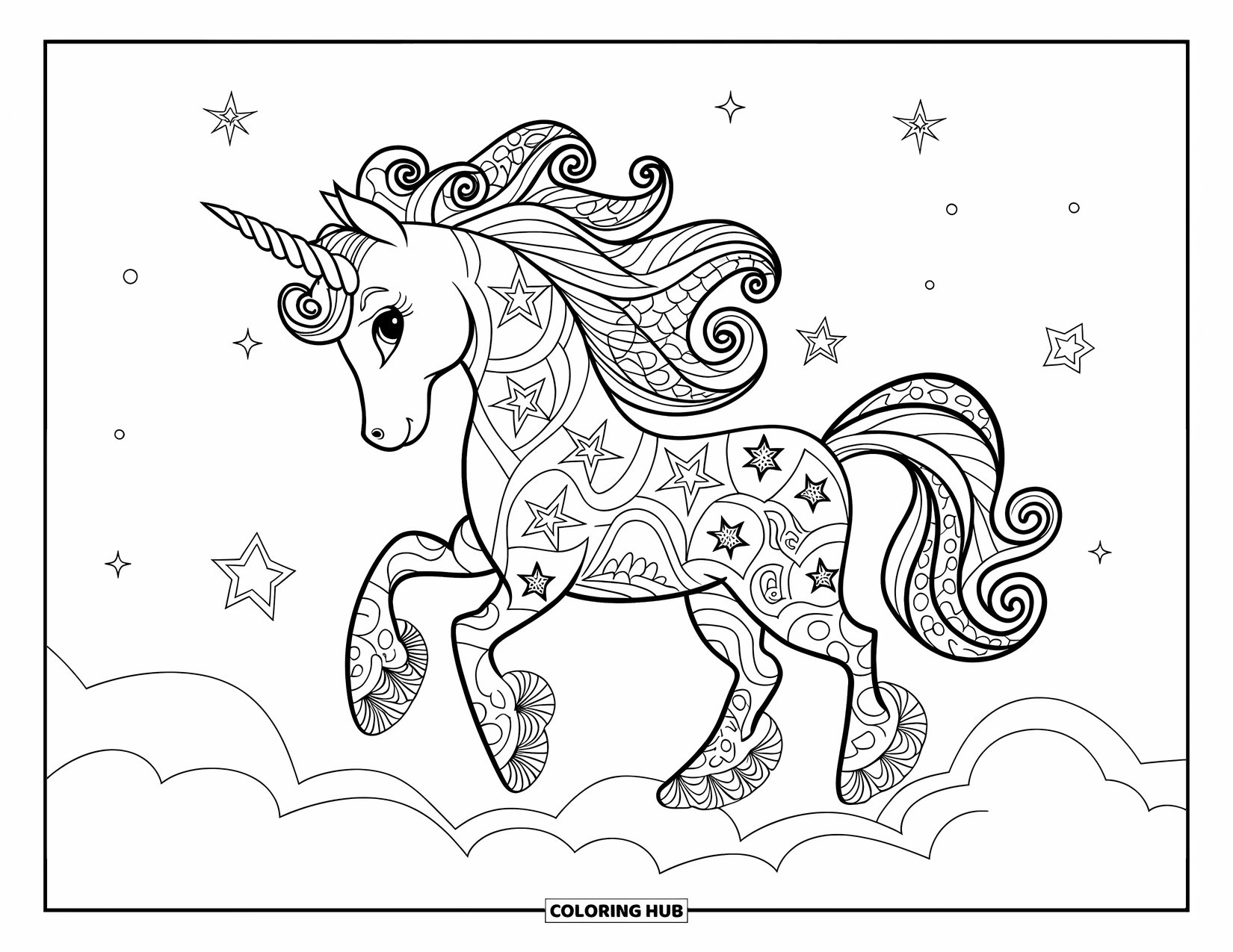 Zentangle Coloring Page for Kids: A unicorn with a starry mane stands proudly on a fluffy cloud