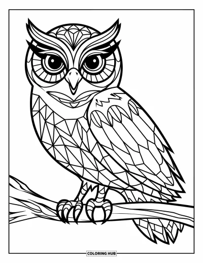 Zentangle-fargeleggingsark for barn: En store-øyd ugle med geometriske fjær sitter stille på en gren