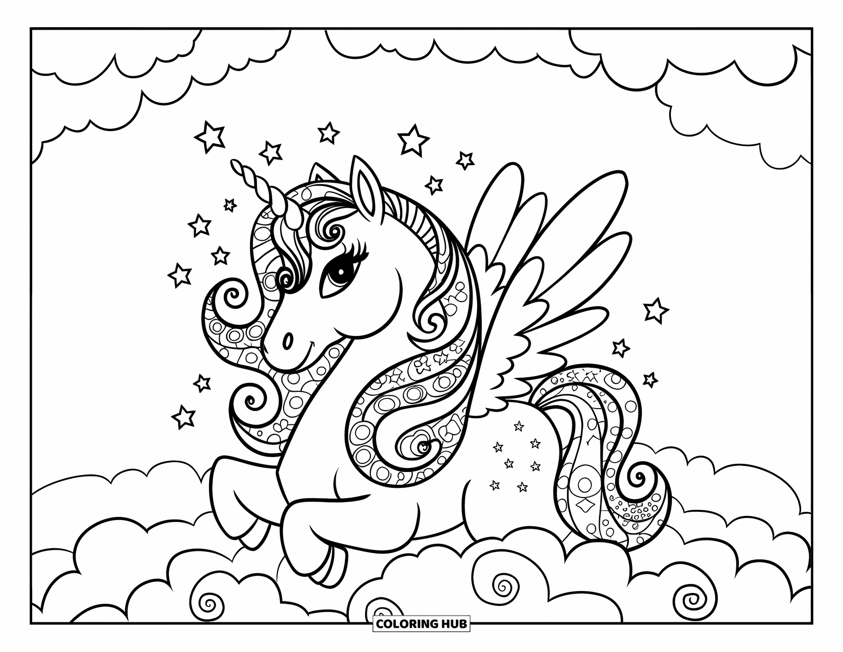 Zentangle Coloring Page for Kids: A winged unicorn with star swirls sits on a cloud in the sky