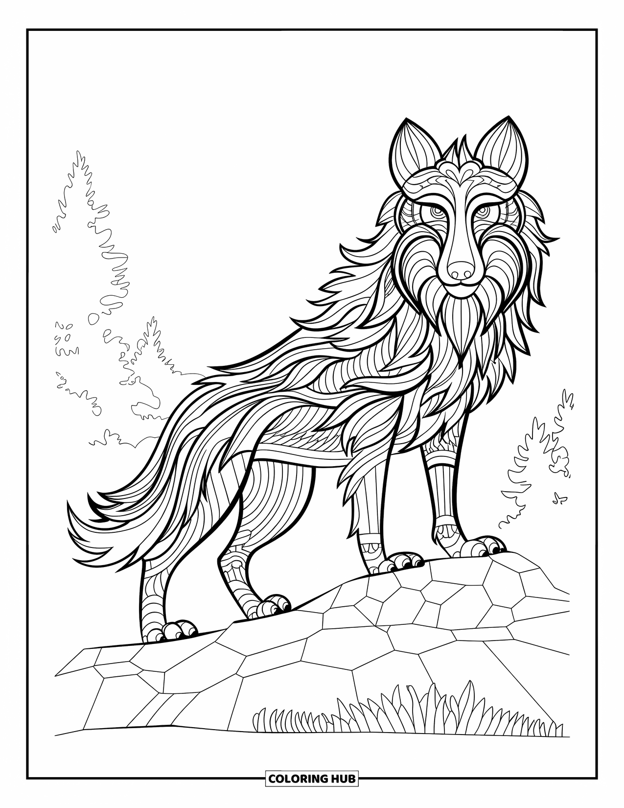 Zentangle Coloring Page for Kids: A wolf with patterned fur stands near trees and rocky terrain