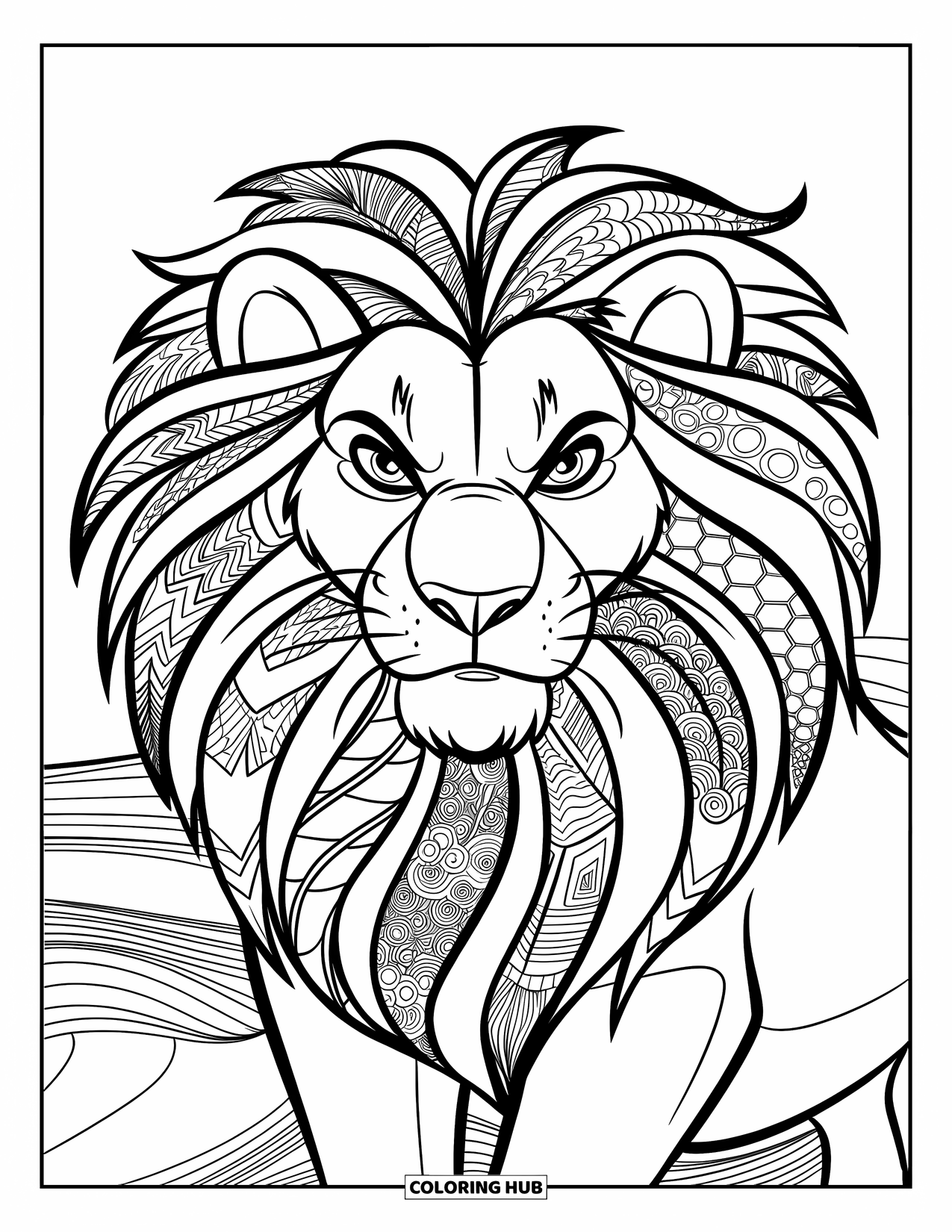 Zentangle Coloring Page for Kids: Wavy, patterned lion's mane fills the frame in a bold, creative design