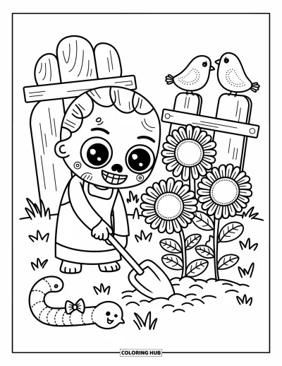 Coloriage de zombie pour adultes : Un zombie joyeux creuse dans un champ de tournesols avec un ver tortueux et des oiseaux cousus