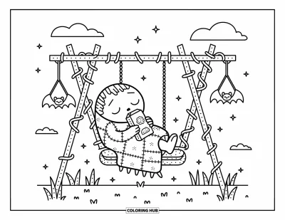 Coloriage de zombie pour adultes : Un zombie confortable boit du jus de cerveau sur une balançoire en os sous des nuages, des étoiles et des chauves-souris suspendues