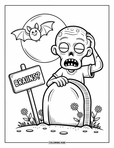 Coloriage de zombie pour adultes : Un zombie curieux se lève près d’un panneau pétillant et d’une chauve-souris flottante sous une lune brillante
