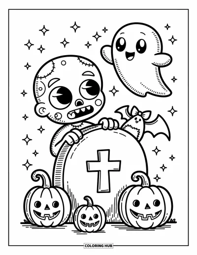 Coloriage de zombie pour adultes : Un zombie mignon jette un coup d’œil depuis une pierre tombale sous les étoiles, rejoint par un fantôme et une petite chauve-souris