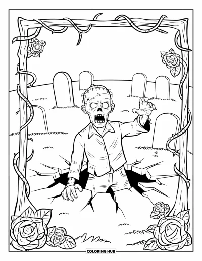 Coloriage de zombie pour adultes : Un zombie de cimetière émerge parmi des roses épineuses et de vieilles pierres tombales