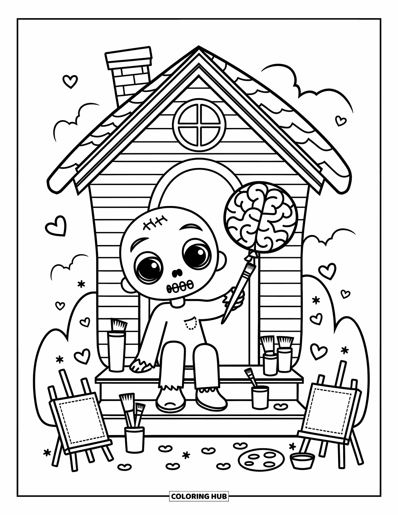 Zombie Coloring Page for Adults: Kawaii zombie paints on a haunted porch with a brain balloon and scattered art tools