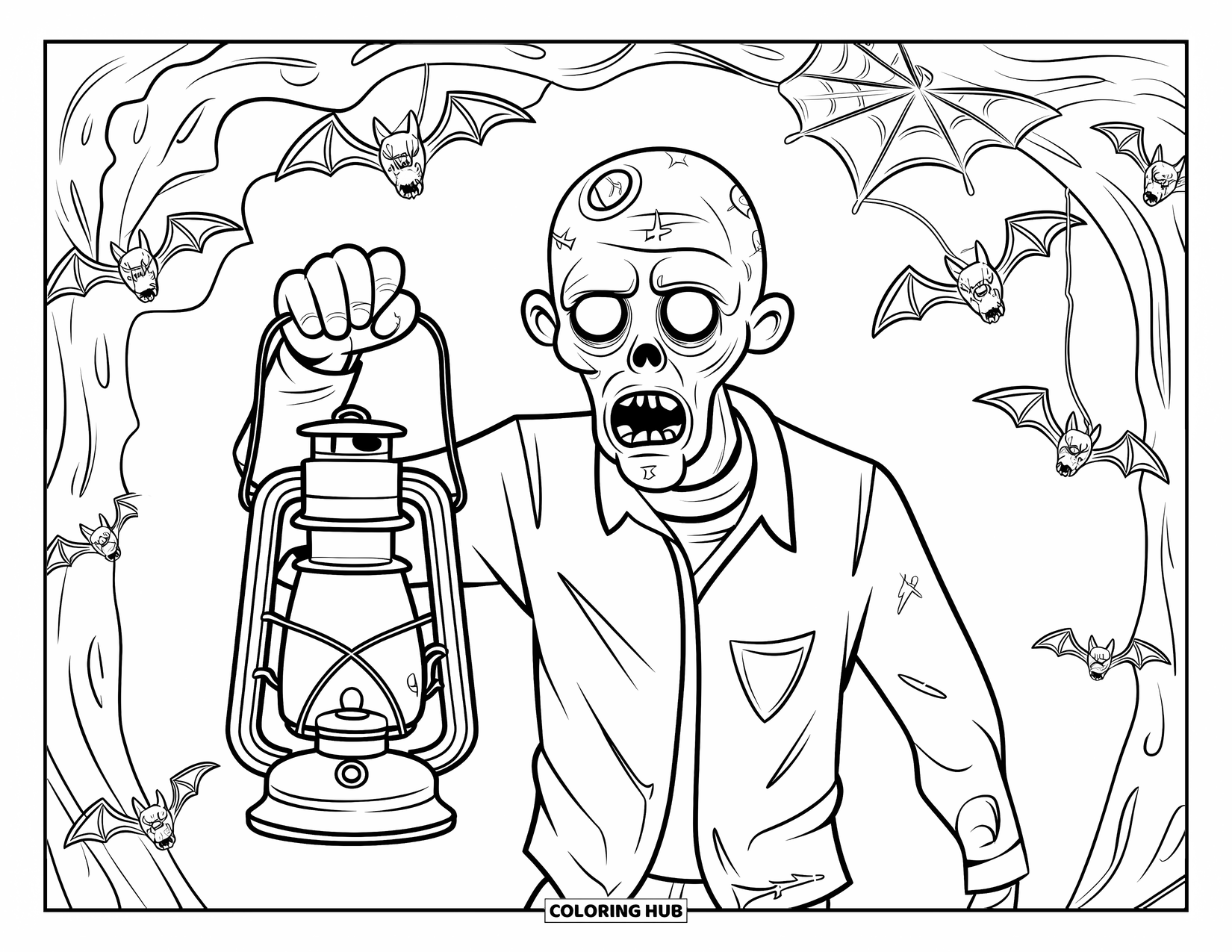 Zombie Coloring Page for Adults: Lantern-holding zombie stands surrounded by bats and spiderwebs in a dark cave