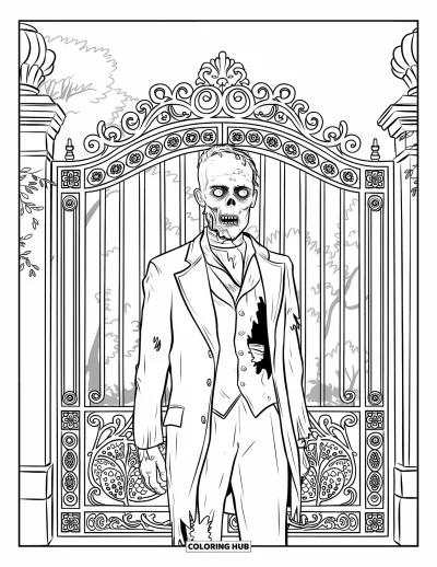 Coloriage de zombie pour adultes : Un zombie manchot en costume se tient près de portes en fer sur un chemin brumeux