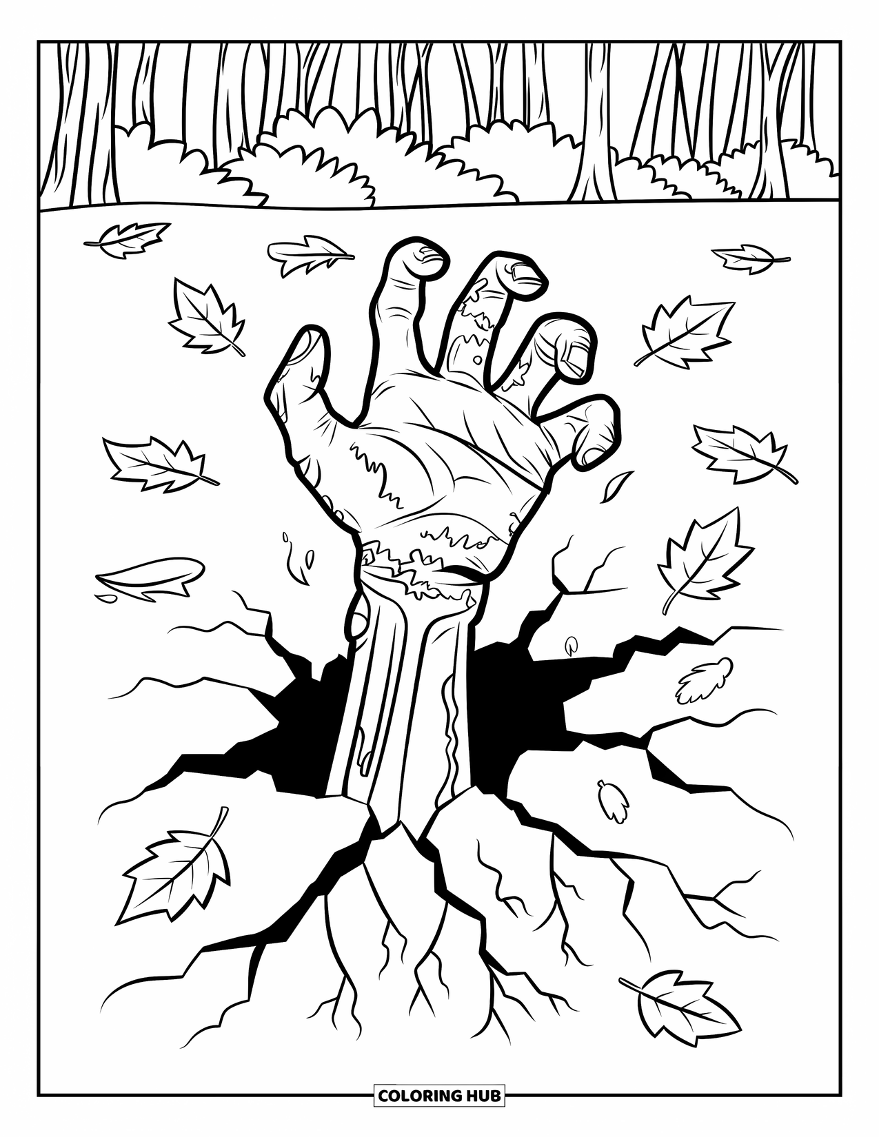 Zombie Coloring Page for Adults: Rotten zombie hand breaks through roots and leaves in a forest