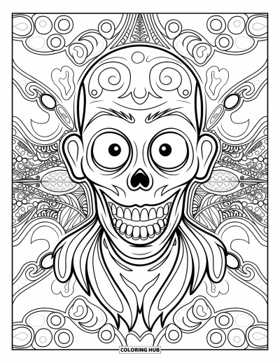 Coloriage de zombie pour adultes : Un visage de zombie souriant entouré de motifs artistiques offre une scène relaxante