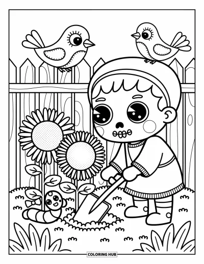 Coloriage de zombie pour adultes : Un zombie souriant plante des tournesols avec un petit ver et des oiseaux perchés à proximité