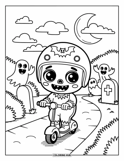 Coloriage de zombie pour adultes : Un zombie souriant fait de la trottinette dans un cimetière tandis que des fantômes font signe de derrière les buissons