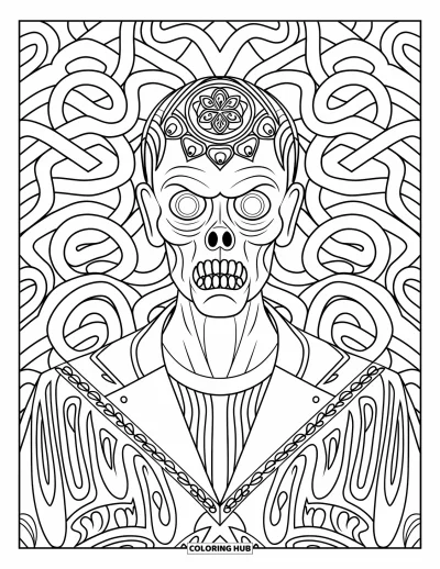 Coloriage de zombie pour adultes : Un visage de zombie stylisé avec des motifs ornés est encadré par des serpents tourbillonnants