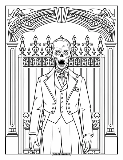 Coloriage de zombie pour adultes : Un zombie victorien se tient fièrement devant des portes en fer ornées