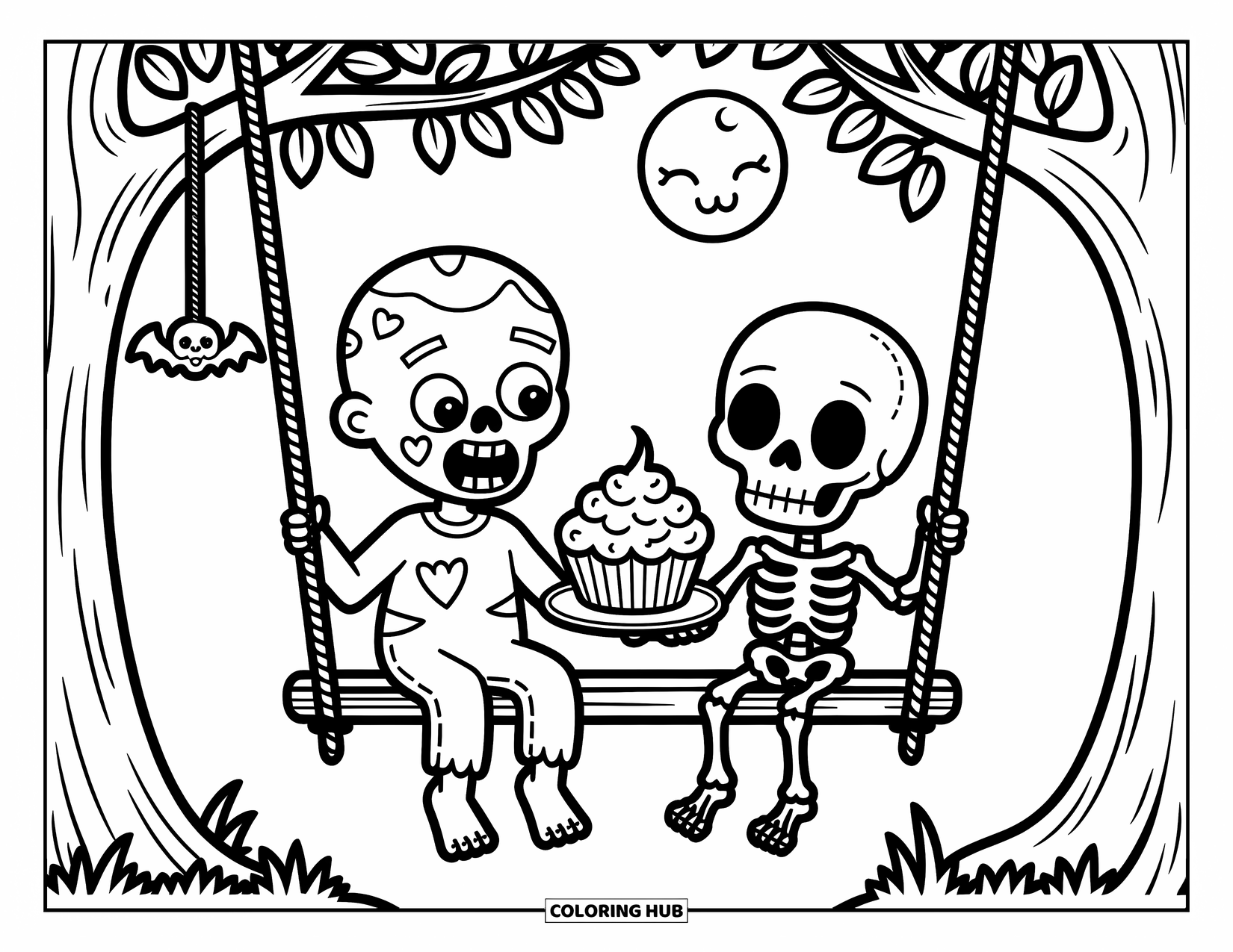 Zombie Coloring Page for Adults: Zombie and skeleton share brain cupcakes on a tree swing under a sleepy moon