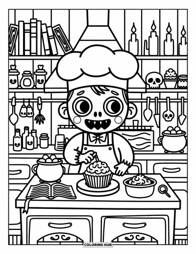 Coloriage de zombie pour adultes : Un chef zombie cuit des cupcakes au cerveau dans une cuisine hantée remplie de potions et d’herbes suspendues