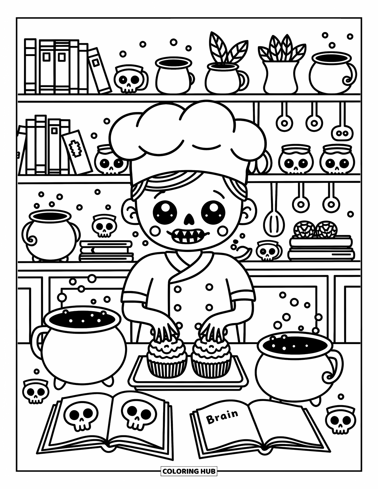 Zombie Coloring Page for Adults: Zombie chef mixes cupcakes among potions, cauldrons, and glowing candles in a cozy kitchen