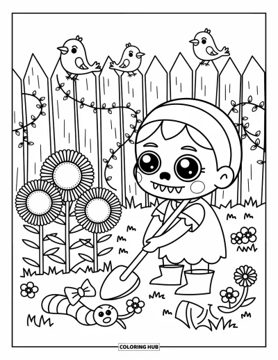 Coloriage de zombie pour adultes : Un jardinier zombie s’occupe de tournesols avec un ver à nœud papillon et des oiseaux cousus dans un cimetière confortable