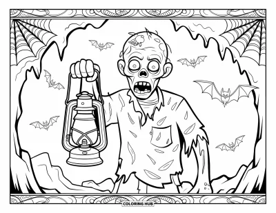 Coloriage de zombie pour adultes : Un zombie agrippe une lanterne près de stalactites et de chauves-souris à l’intérieur d’une grotte sombre et rocheuse