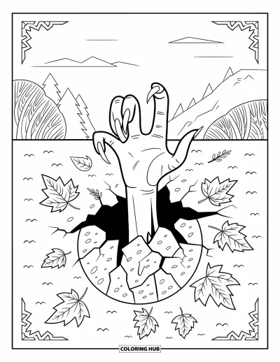 Coloriage de zombie pour adultes : Une main de zombie se lève à travers la terre fissurée avec des feuilles à motifs éparpillées