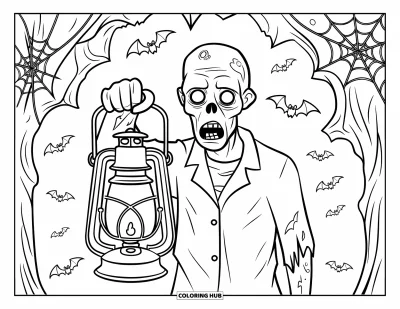 Coloriage de zombie pour adultes : Un zombie tient une lanterne à l’intérieur d’une grotte remplie de chauves-souris et de toiles
