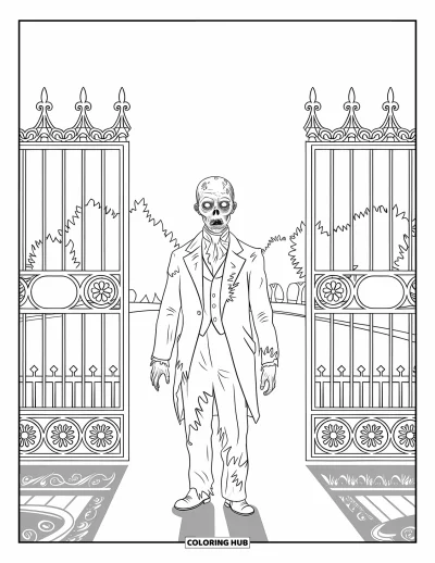 Coloriage de zombie pour adultes : Un zombie dans un costume en lambeaux pose devant des portes complexes et un paysage calme