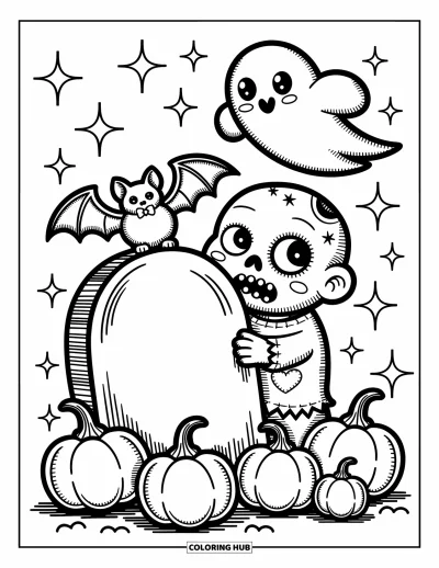 Coloriage de zombie pour adultes : Un zombie jette un coup d’œil depuis une pierre tombale sous des étoiles scintillantes avec un fantôme et une adorable chauve-souris