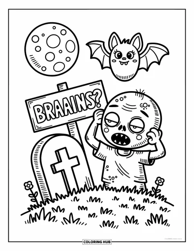Coloriage de zombie pour adultes : Un zombie se gratte la tête à côté d’un panneau « Braaiins ? » avec une chauve-souris et une tombe fleurie