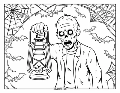 Coloriage de zombie pour adultes : Un zombie avec une lanterne brille parmi les chauves-souris et les toiles dans une caverne effrayante
