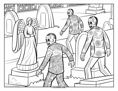 Coloriage de zombie pour adultes : Des zombies avec des vêtements à motifs se lèvent parmi des anges et des motifs de cimetière ornés