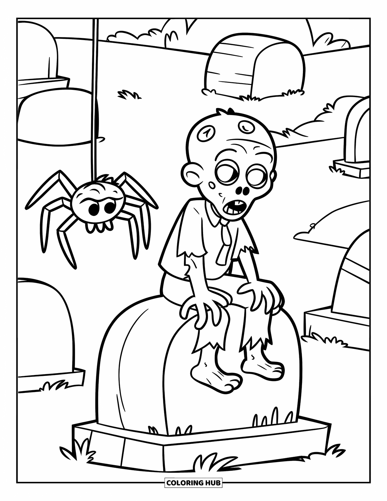 Zombie Coloring Page for Kids: Cheerful zombie sits on a gravestone as a spider swings down