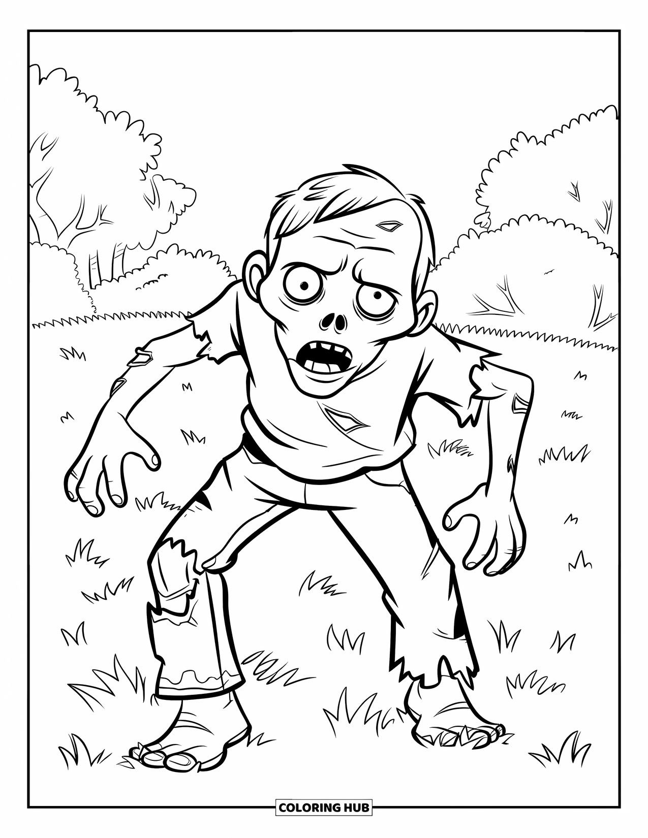 Zombie Coloring Page for Kids: Cheerful zombie with ripped pants walks with arms out in a quiet grassy field