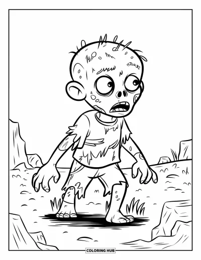 Coloriage de zombie pour enfants : Un zombie sale avec des vêtements déchirés sort d’un sol rocheux dans un champ aride