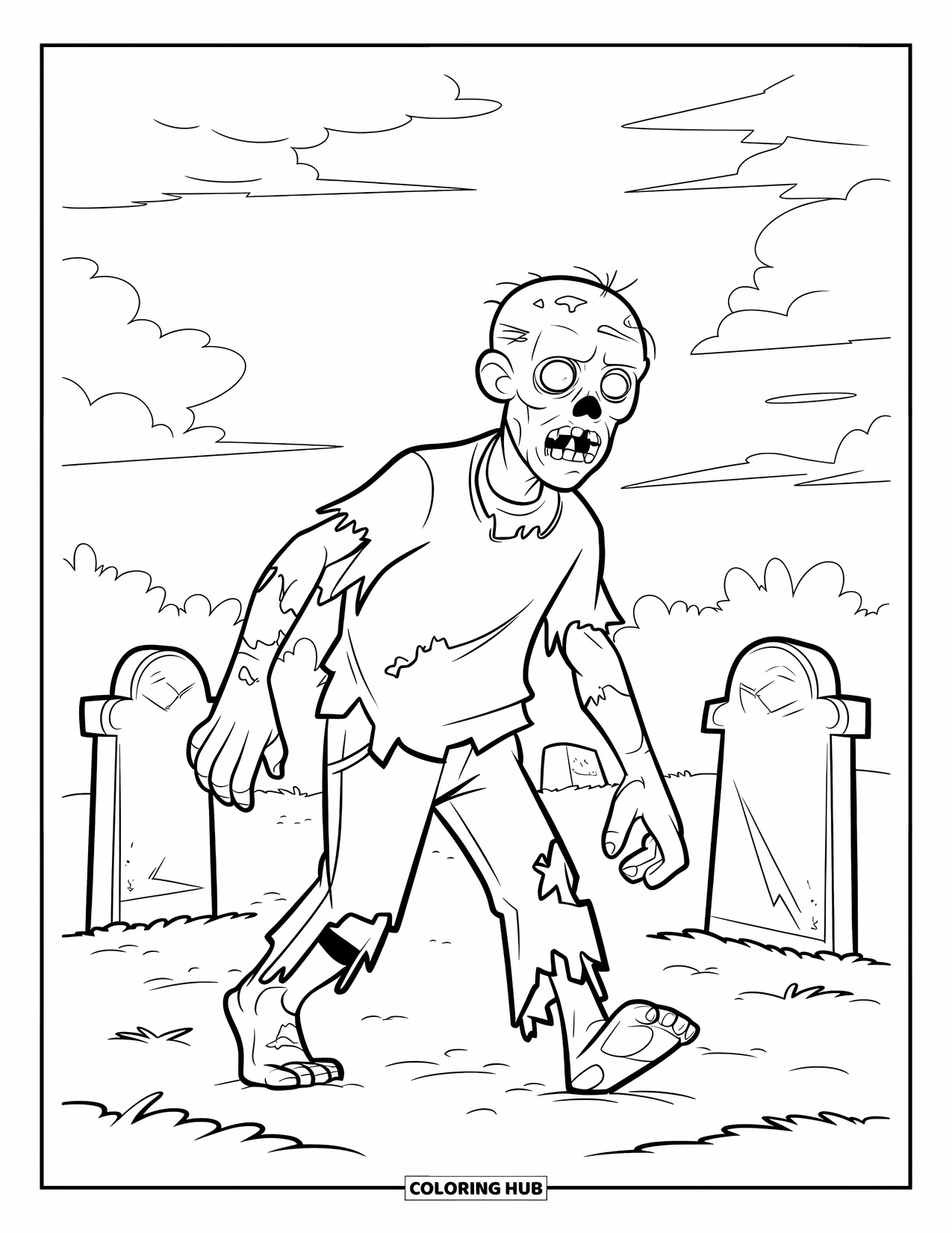 Zombie Coloring Page for Kids: Gaunt-faced zombie walks through a misty graveyard with wide, staring eyes