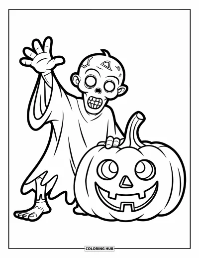 Coloriage de zombie pour enfants : Un zombie déguisé en fantôme fait signe à côté d’une citrouille joyeuse